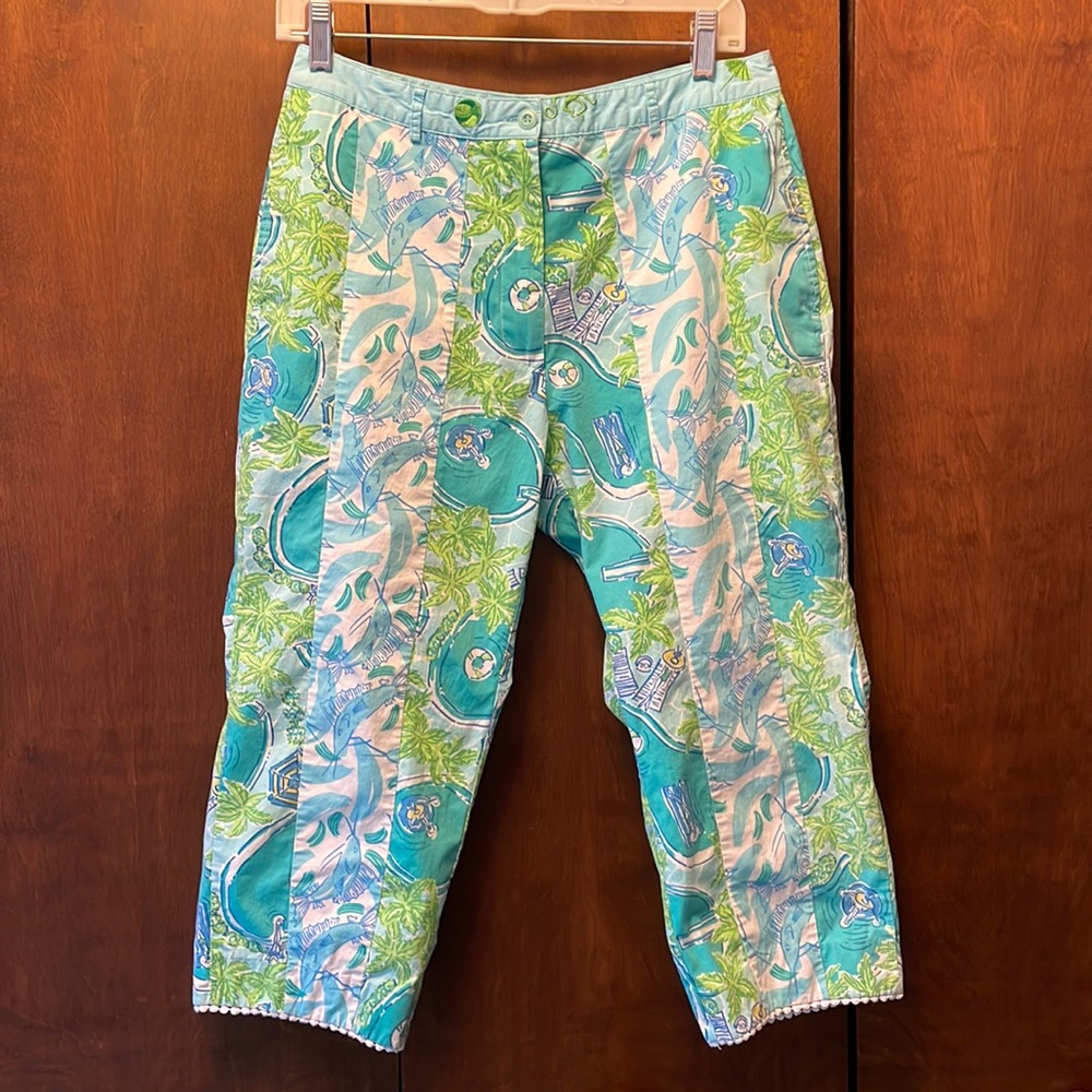 Lilly Pulitzer Aqua, Light Blue & Lime Green Tropical Print Capris